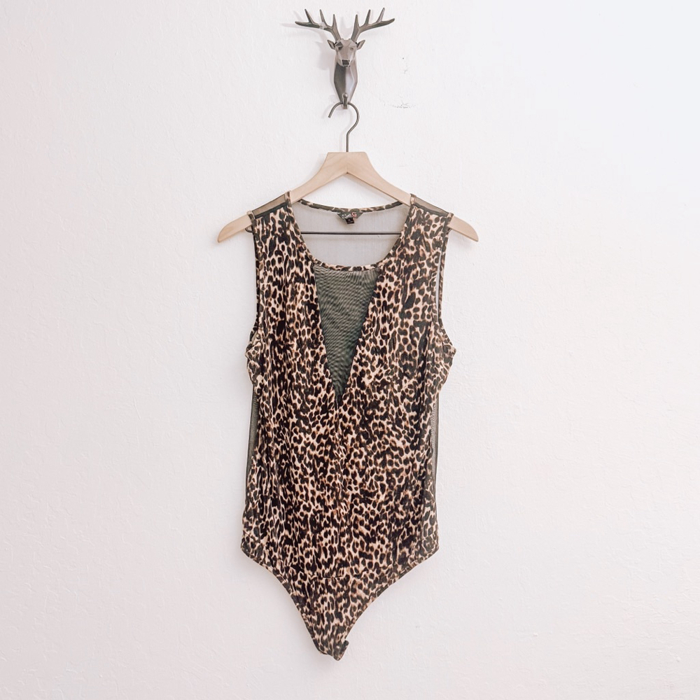 G by Guess Women's Brown/Black Leopard Print Mesh Bodysuit Size XL